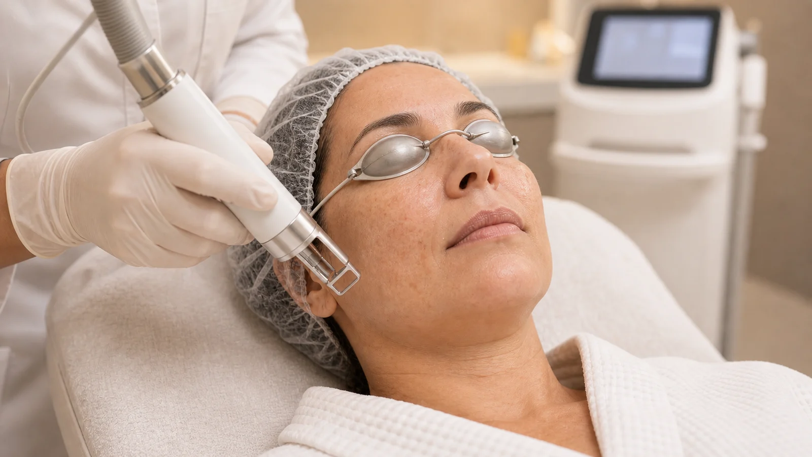 Sessão clínica de Lavieen BB Laser com proteção ocular e laser thulium 1927nm em pele com melasma e poros