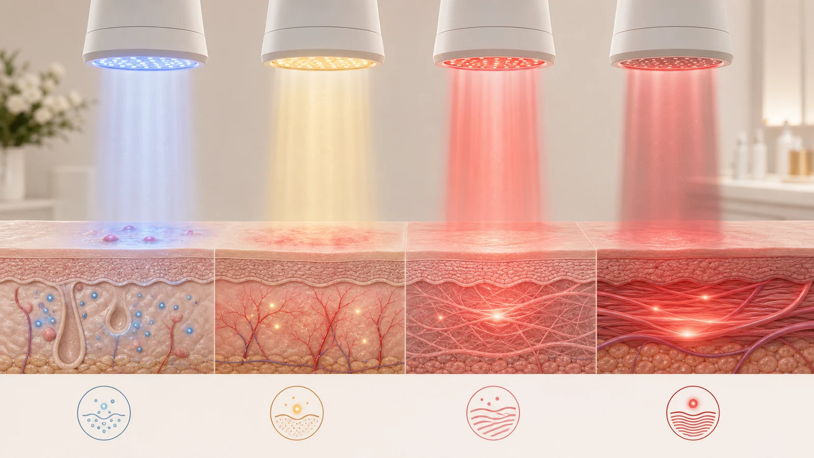 Comparação visual de luz azul, amarela, vermelha e infravermelha em diferentes profundidades da pele