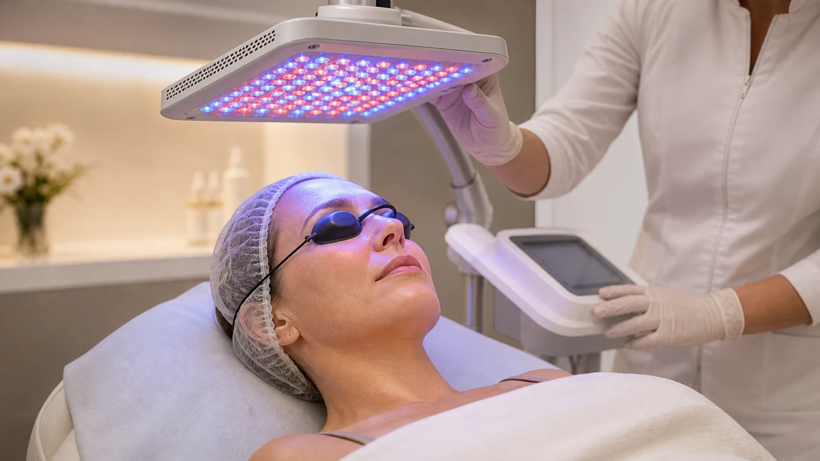 Sessão profissional de LED terapia facial com painel de luz azul e vermelha e proteção ocular