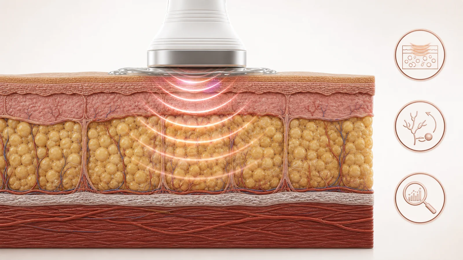 Corte anatômico com ondas de ultrassom alcançando gordura subcutânea superficial