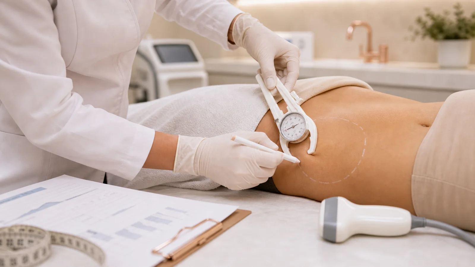 Avaliação clínica com adipômetro e marcação de área para lipocavitação