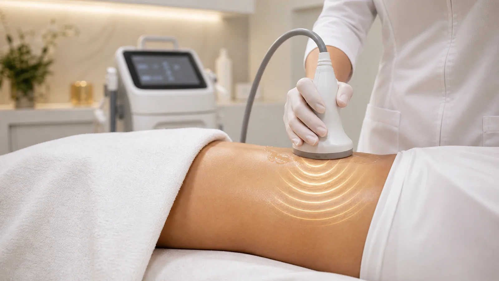 Aplicação externa de lipocavitação com transdutor de ultrassom em abdômen