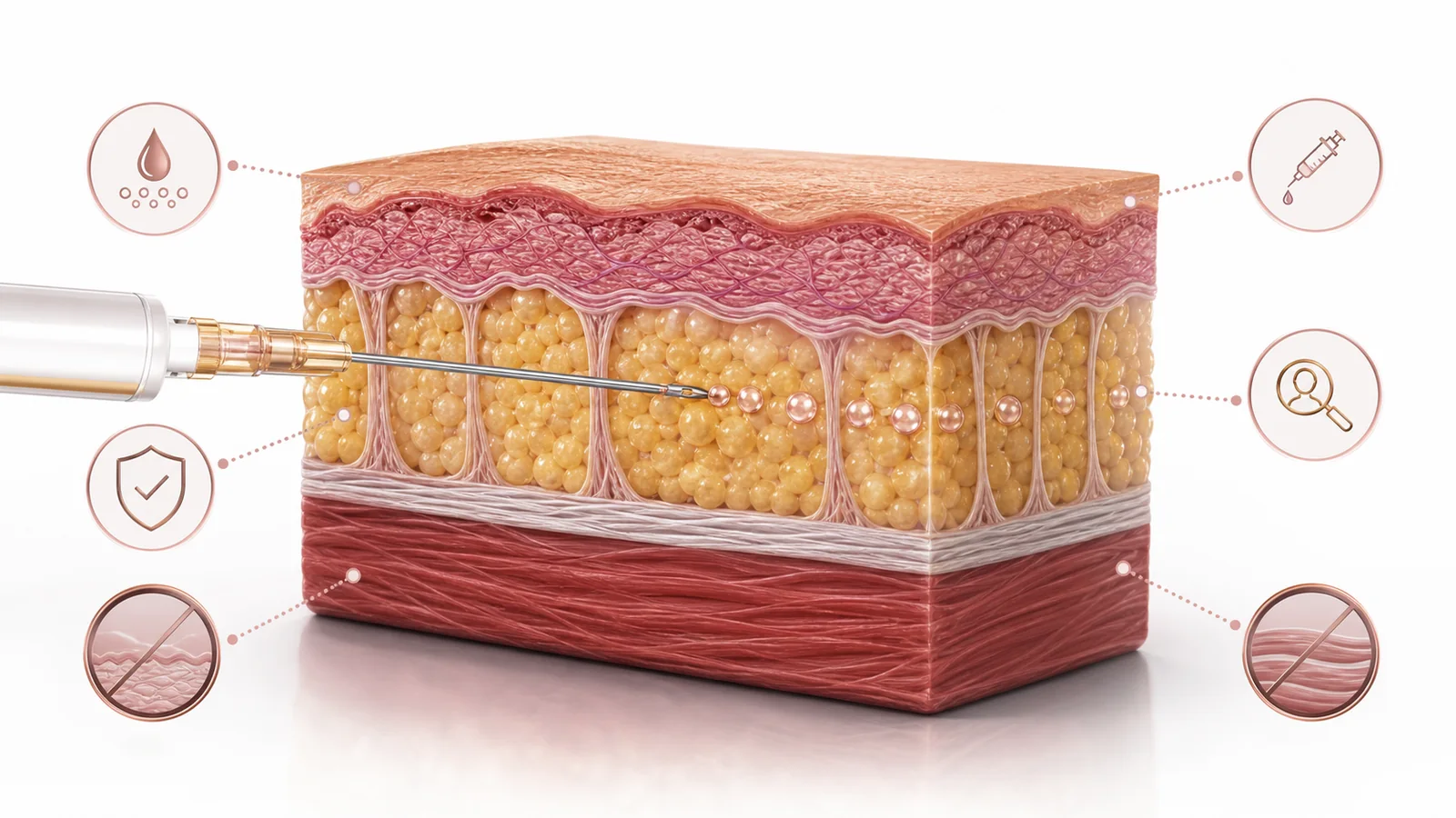 Corte anatômico mostrando aplicação de lipoenzimática no plano de gordura subcutânea