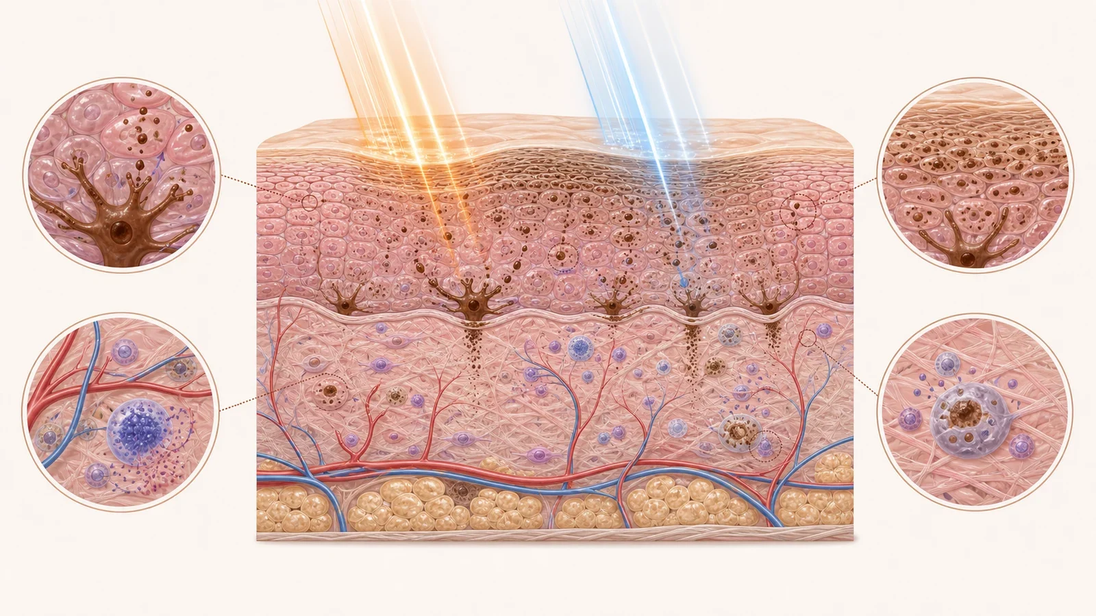 Corte anatômico de pele com melanócitos hiperativos, pigmento epidérmico e componente dérmico do melasma