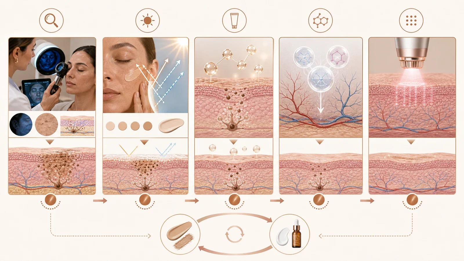 Infográfico visual sem texto mostrando fotoproteção, clareadores tópicos, ácido tranexâmico e laser no controle do melasma