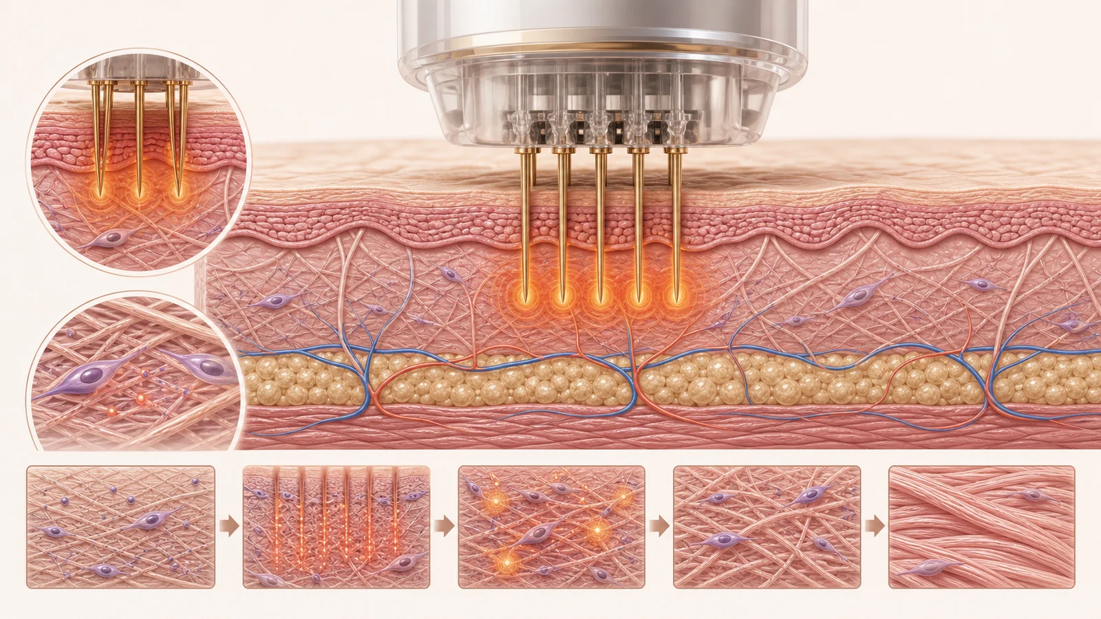 Corte anatômico de microagulhas isoladas entregando radiofrequência fracionada na derme