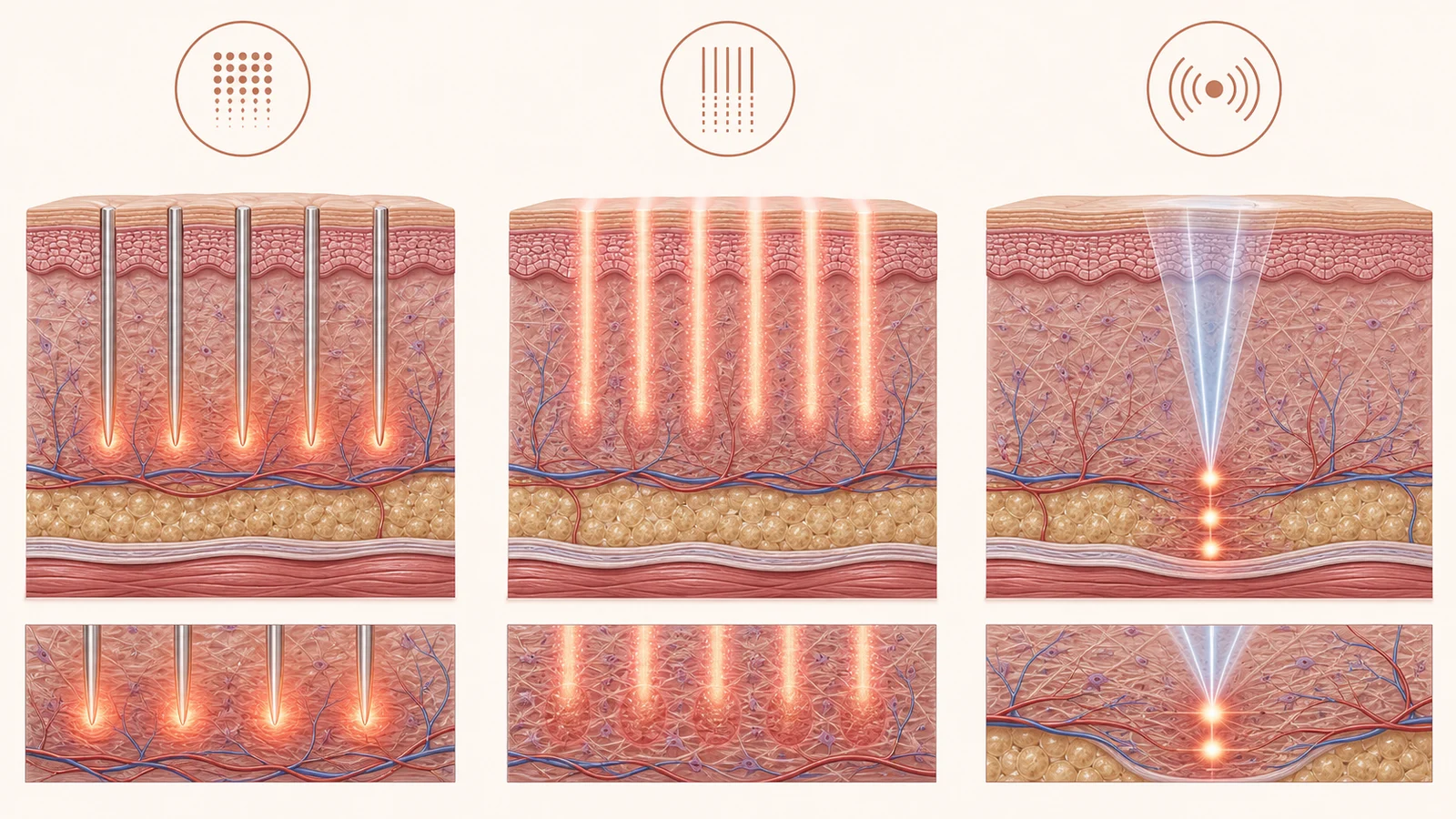 Comparação anatômica entre radiofrequência microagulhada, laser CO2 fracionado e HIFU por profundidade de ação