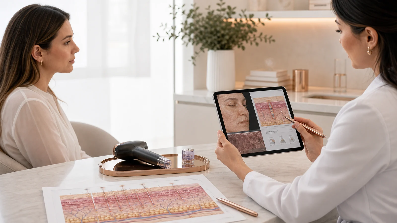 Aplicador de radiofrequência microagulhada em avaliação facial com diagrama de pele e colágeno ao fundo