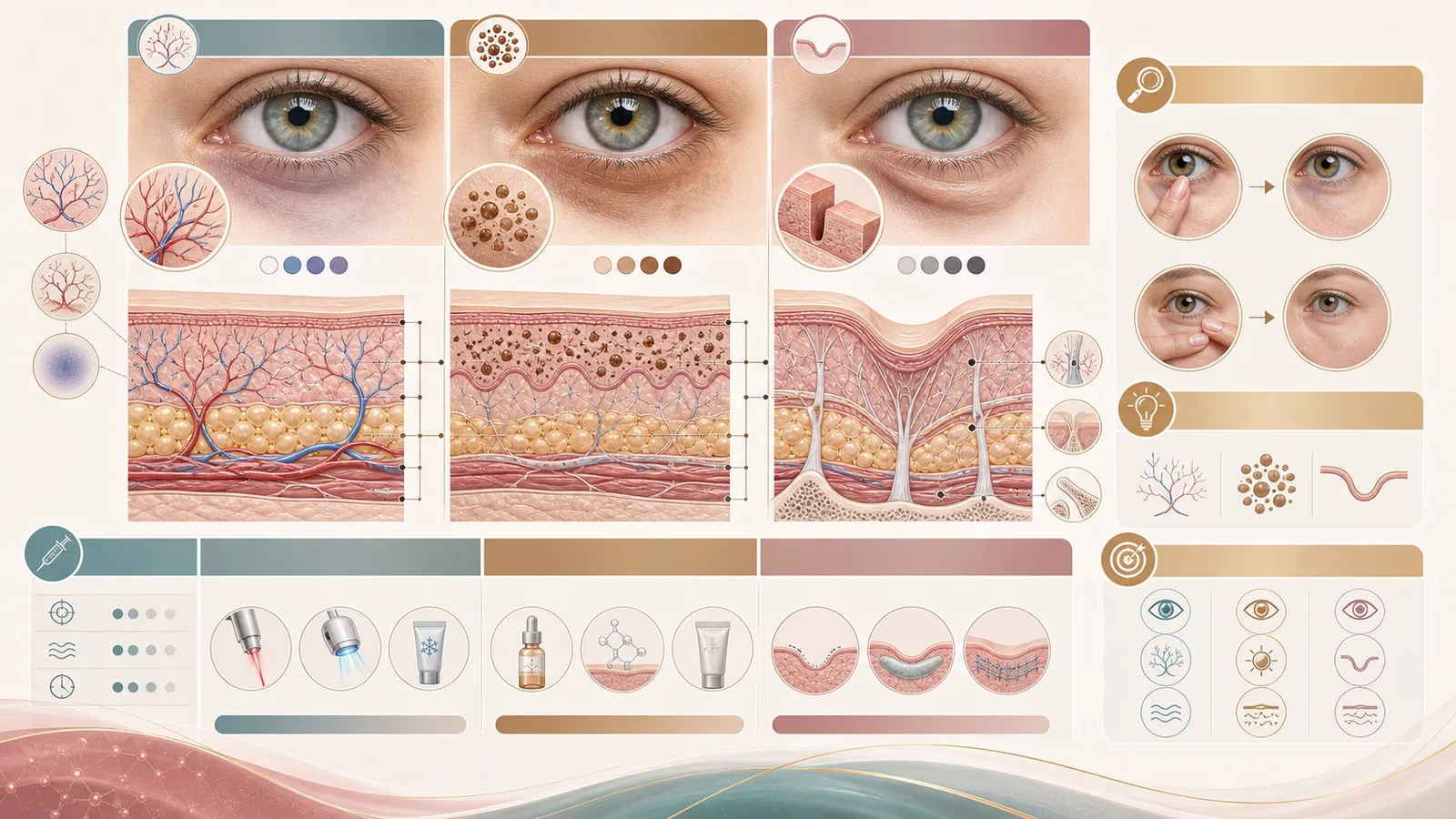 Infográfico anatômico comparando olheiras vasculares, pigmentadas e estruturais com teste de pressão e estiramento