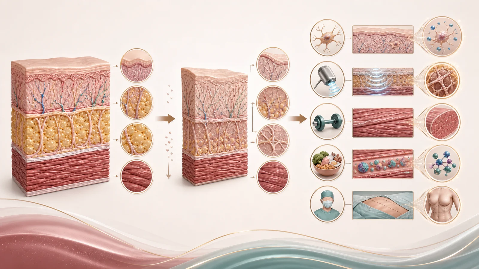 Infográfico anatômico sem texto sobre perda de suporte tecidual após GLP-1 e plano combinado para pele, colágeno, músculo e cirurgia quando indicada