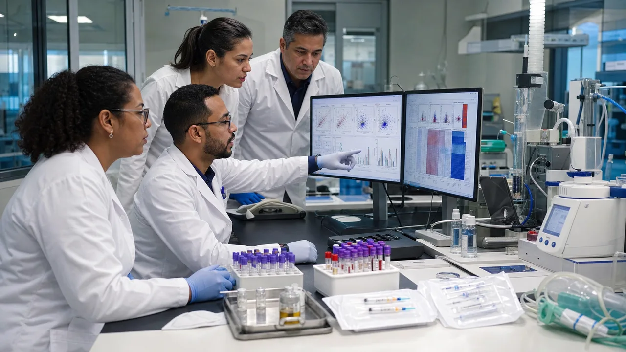 Equipe de pesquisa analisando biomarcadores e desfechos clínicos em laboratório