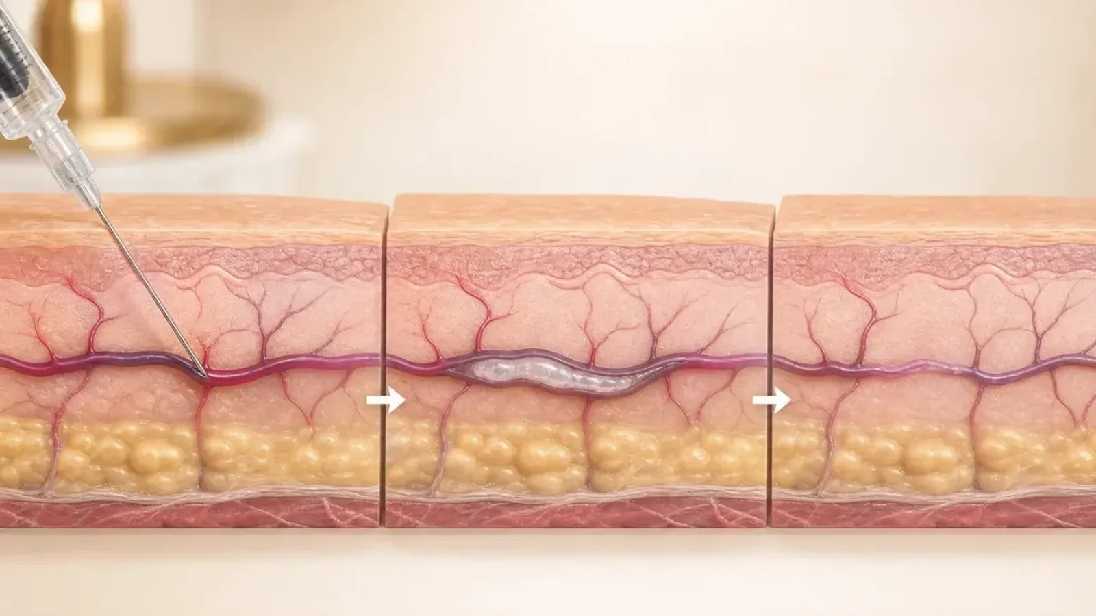 Render anatômico realista mostrando fechamento de vaso superficial após escleroterapia