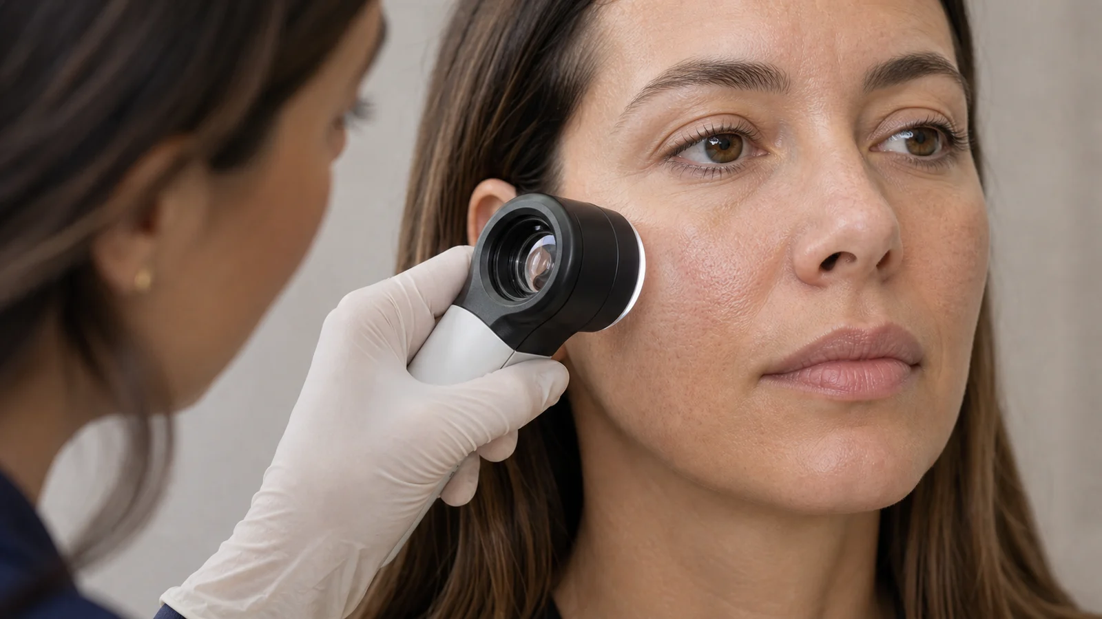 Avaliação clínica da textura da pele e poros faciais com dermatoscópio antes do tratamento