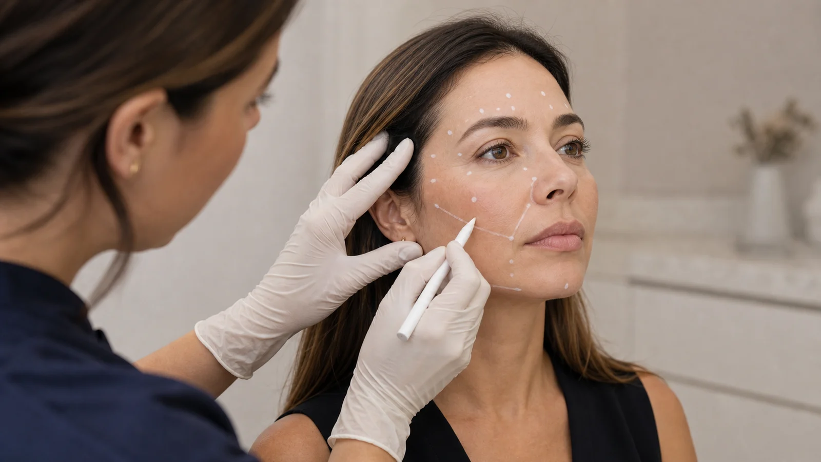 Avaliação facial com marcação de pontos anatômicos antes do preenchimento com ácido hialurônico