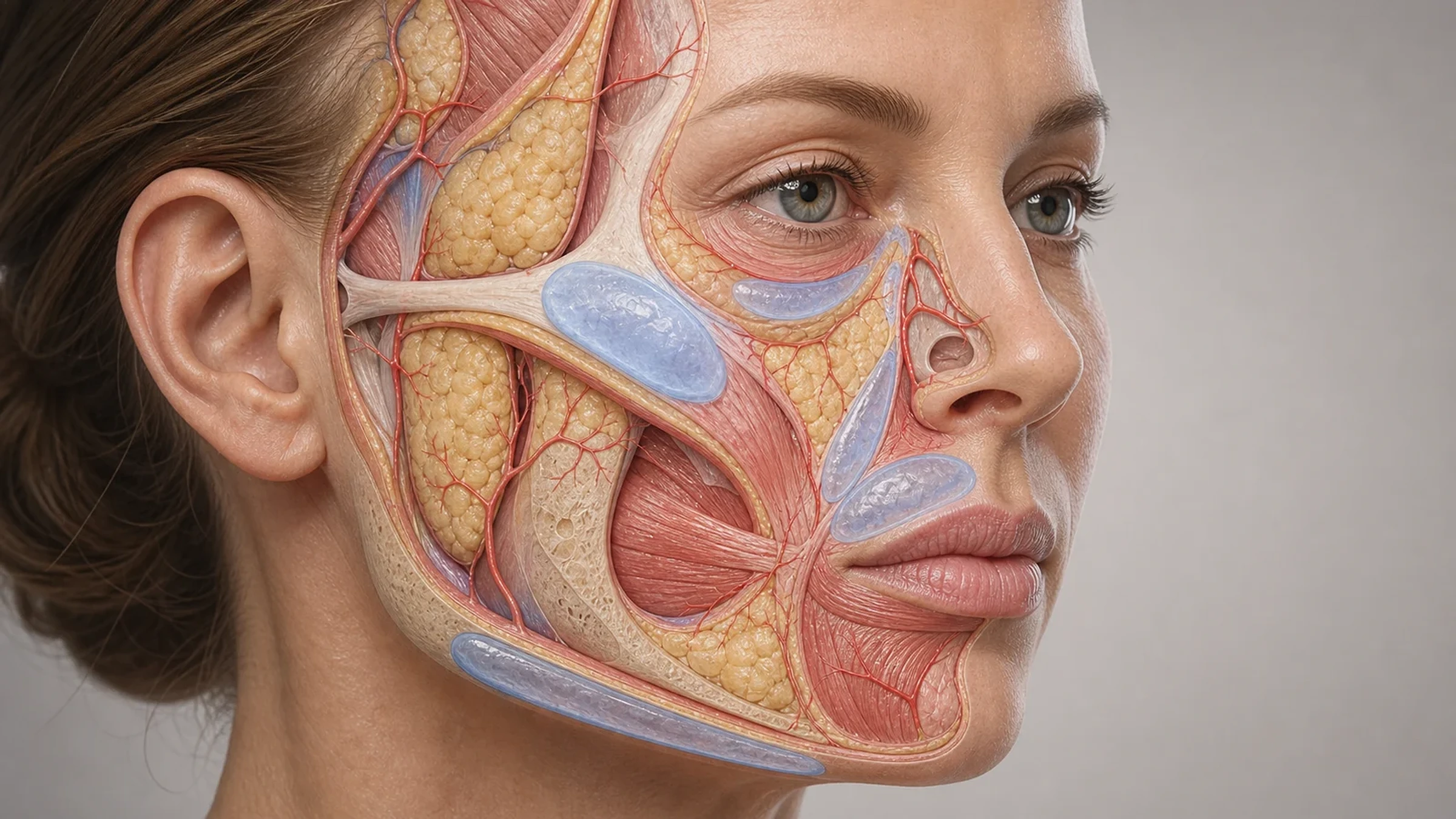 Anatomia facial em camadas com vasos e depósitos de ácido hialurônico em planos seguros por região