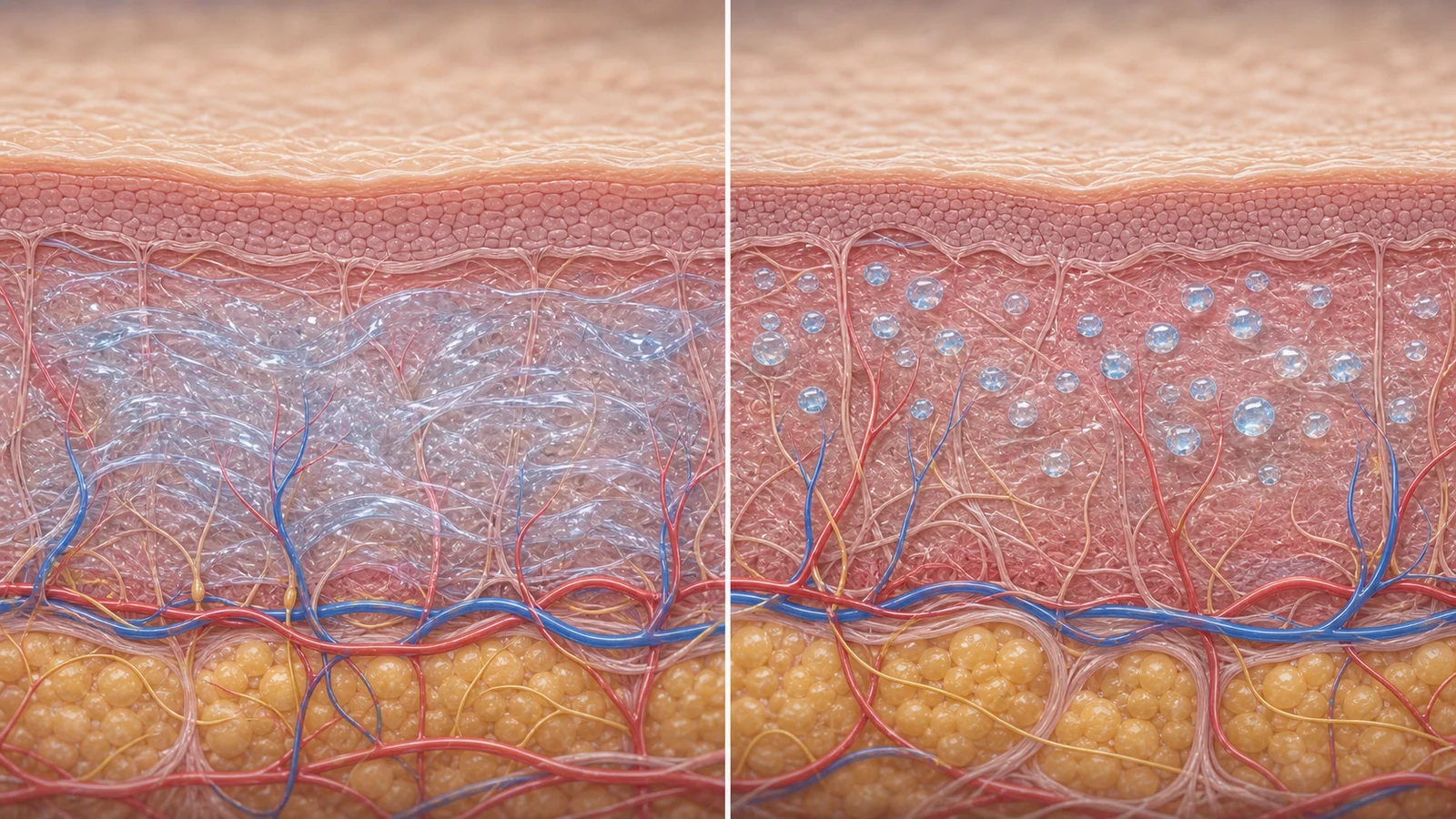 Corte anatômico comparando difusão ampla de ácido hialurônico híbrido e microdepósitos dérmicos de skinbooster