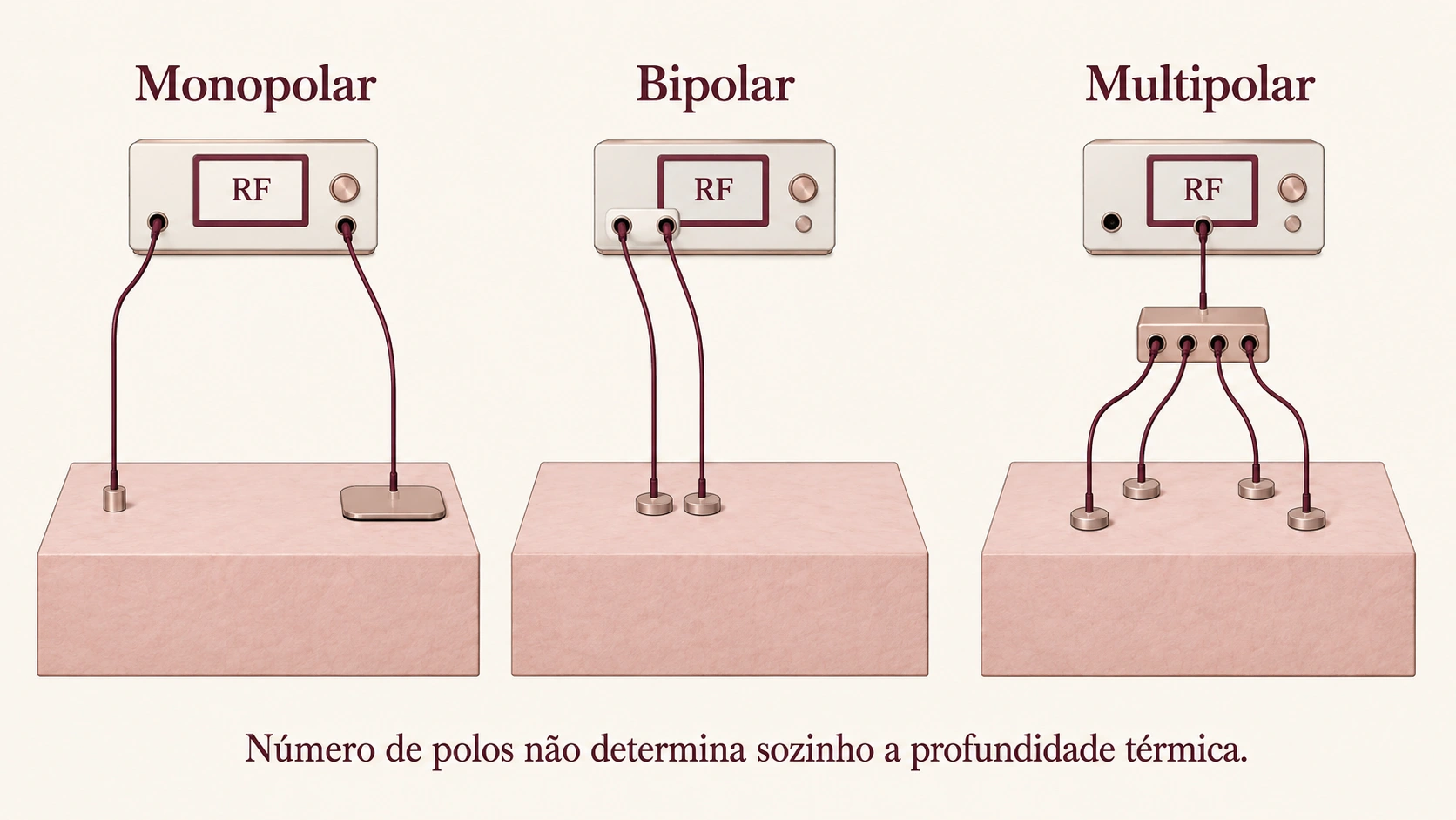 Esquemas de conexão e distribuição superficial de eletrodos monopolar, bipolar e multipolar
