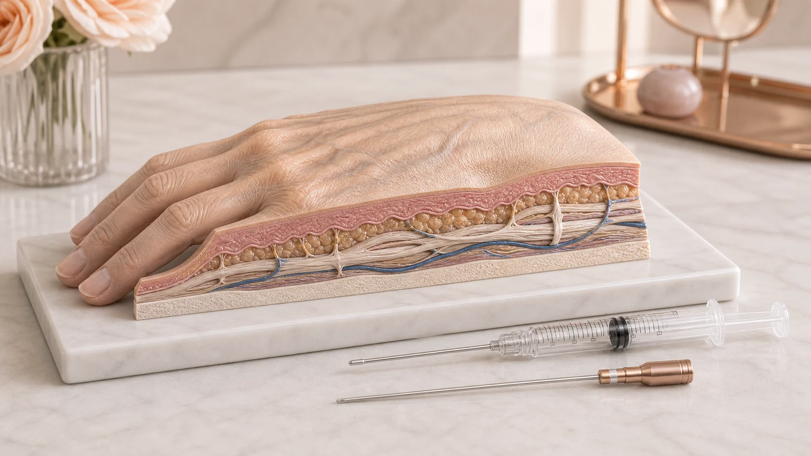 Modelo anatômico do dorso da mão com pele fina, tendões, veias e plano subdérmico para bioestimulador