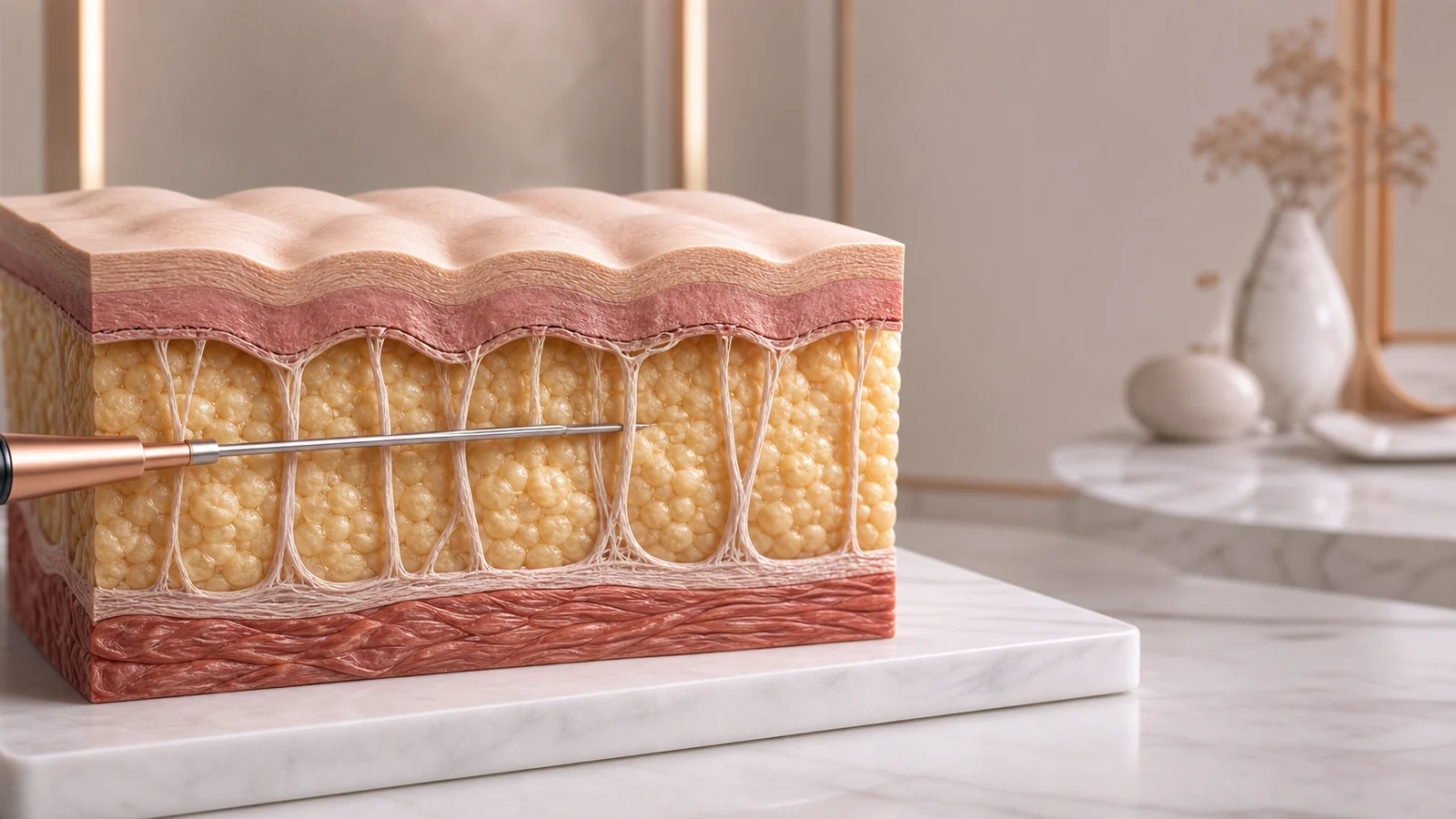 Modelo anatômico mostrando septos fibrosos verticais e plano de subcisão para celulite glútea