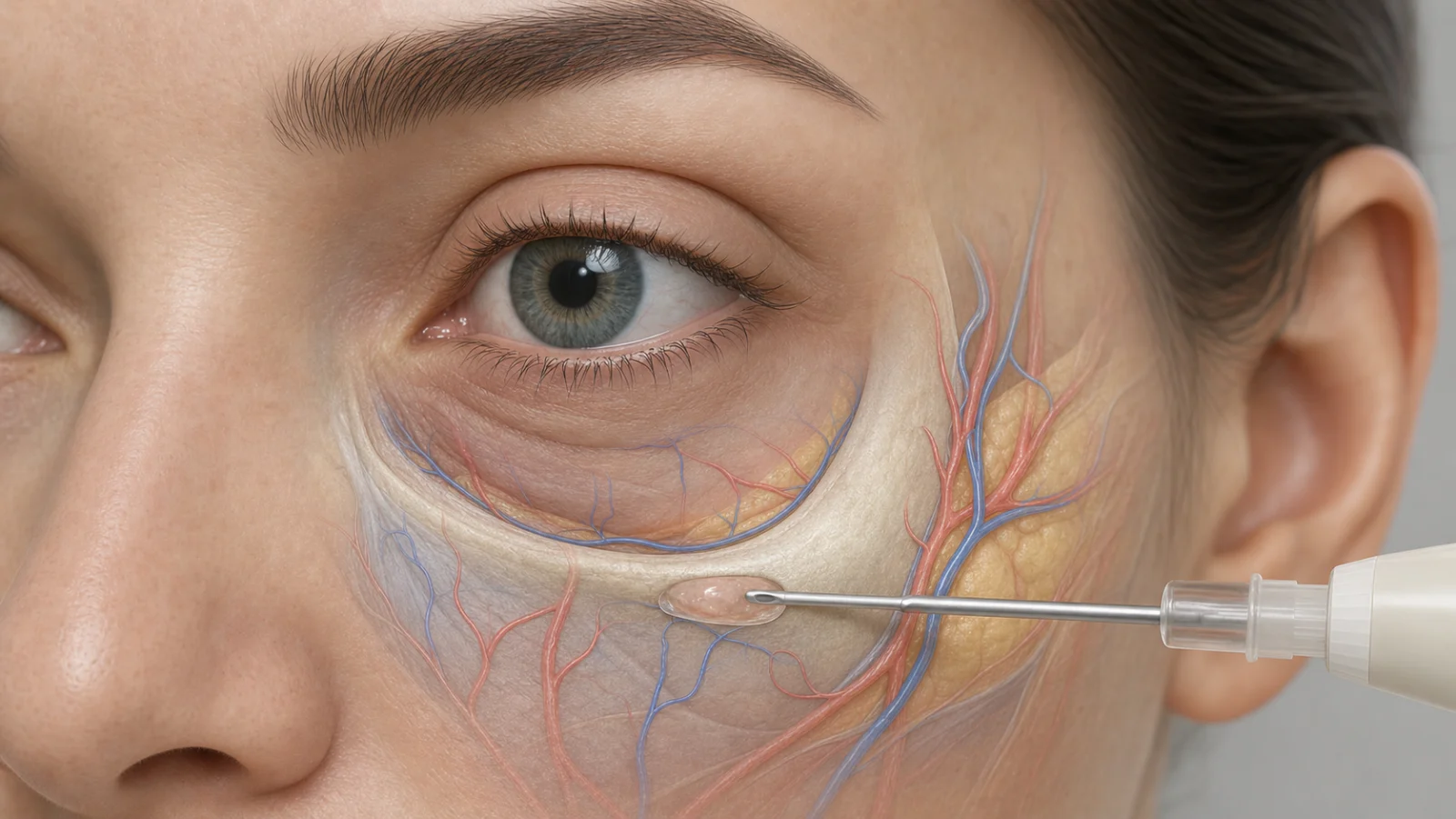Planejamento anatômico do preenchimento de sulco lacrimal com microcânula, plano profundo e vasos periorbitais