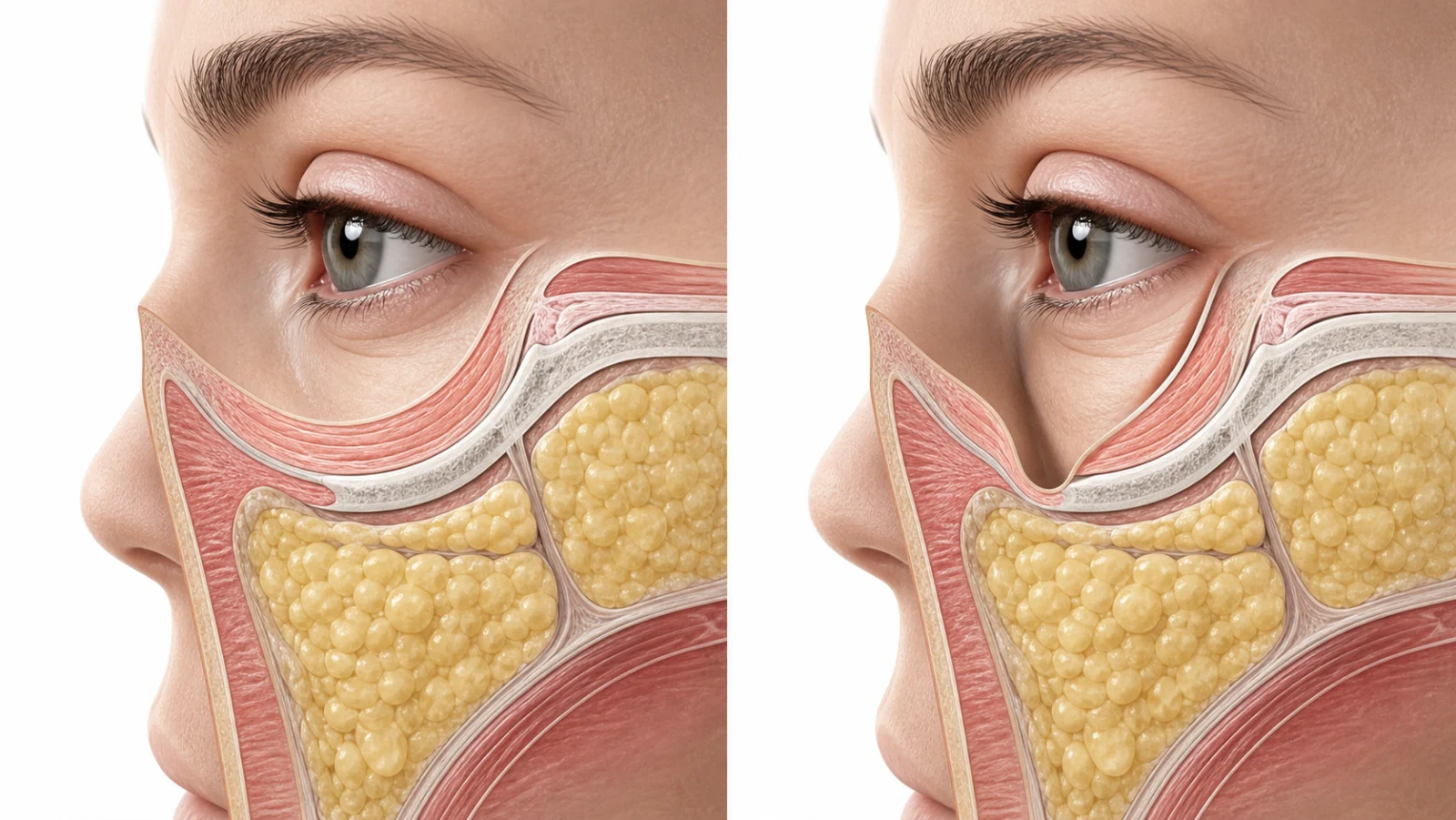 Corte anatômico do sulco lacrimal com ligamentos, músculo orbicular e compartimentos de gordura periorbital