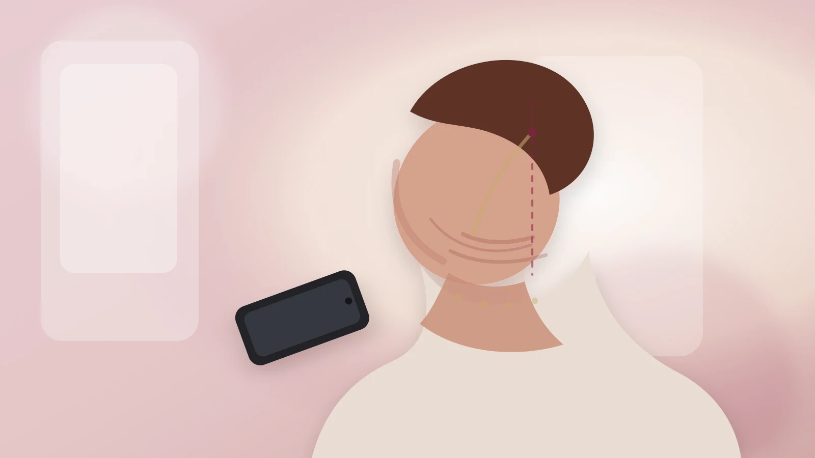 Ilustração editorial de postura com smartphone e linhas cervicais associadas ao tech neck
