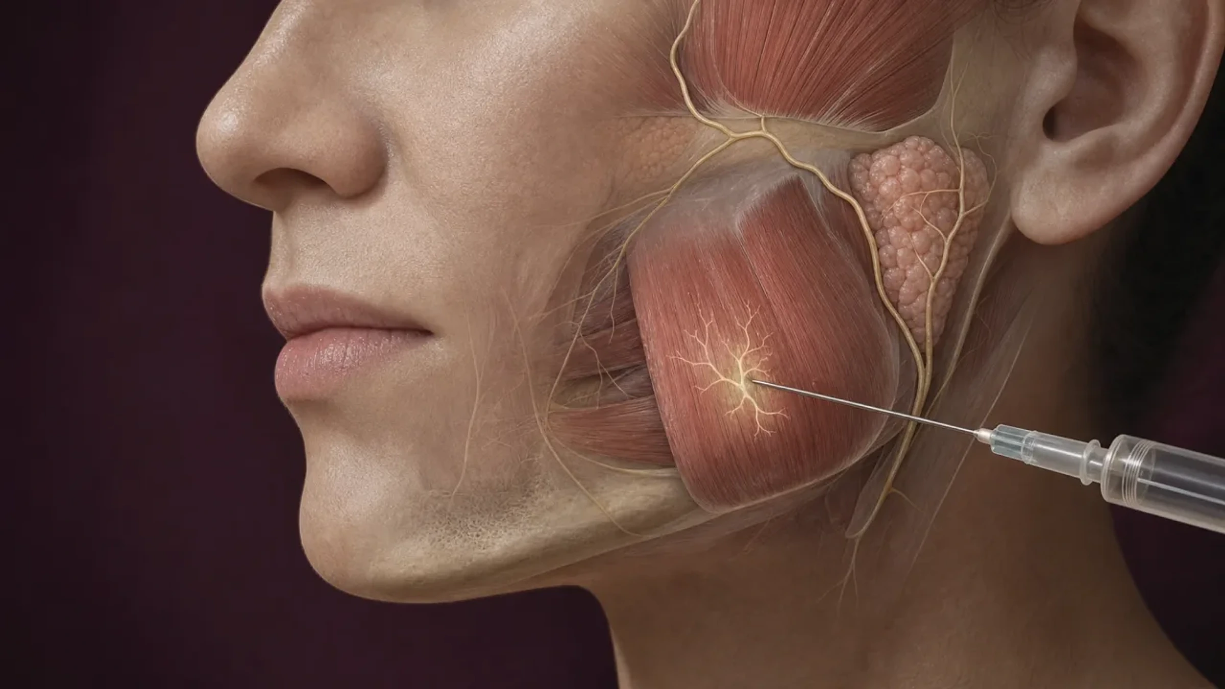 Aplicação intramuscular no masseter com visualização das estruturas anatômicas adjacentes