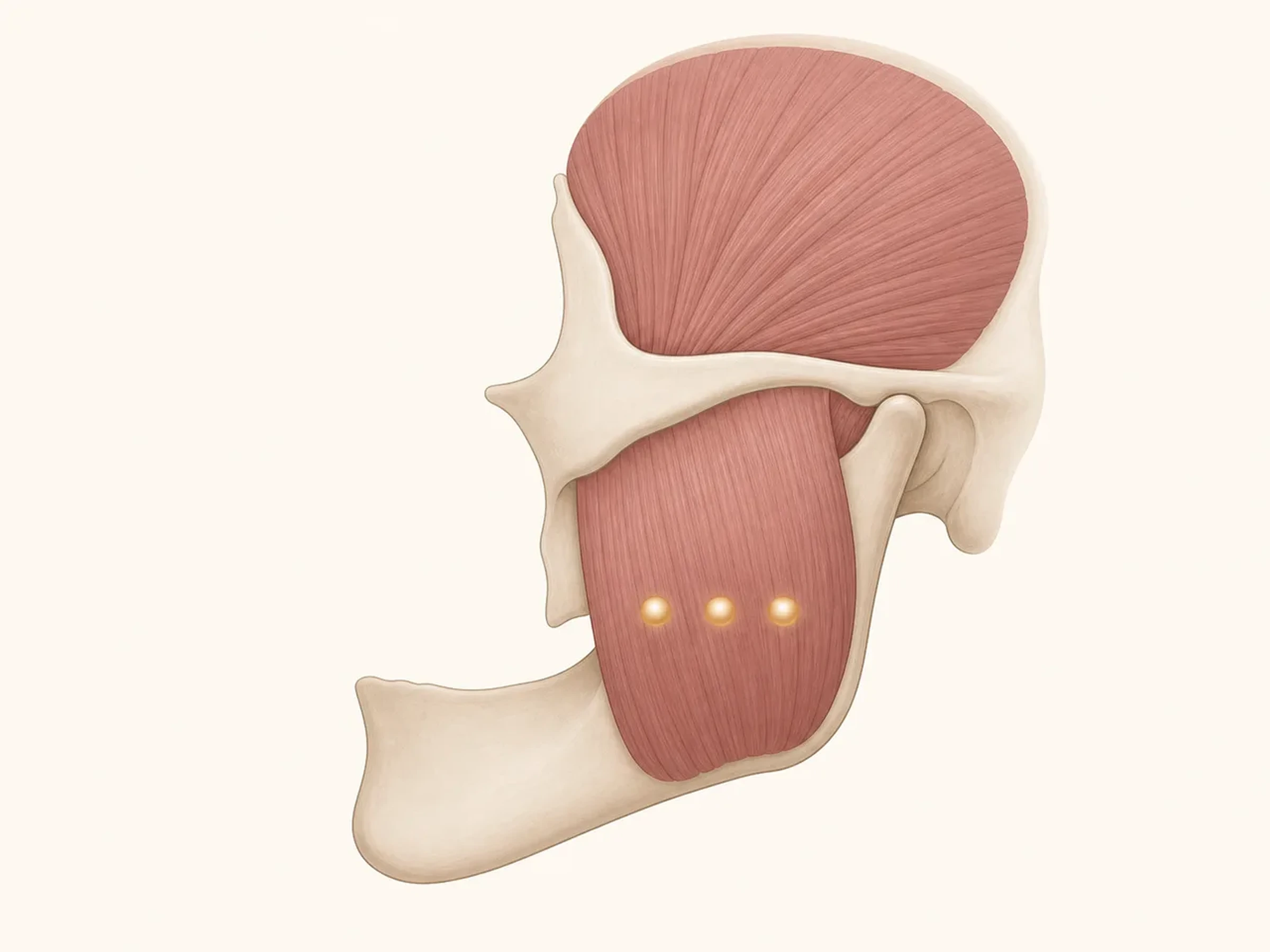 Anatomia lateral do masseter e temporal com três posições profundas no ventre inferior do masseter