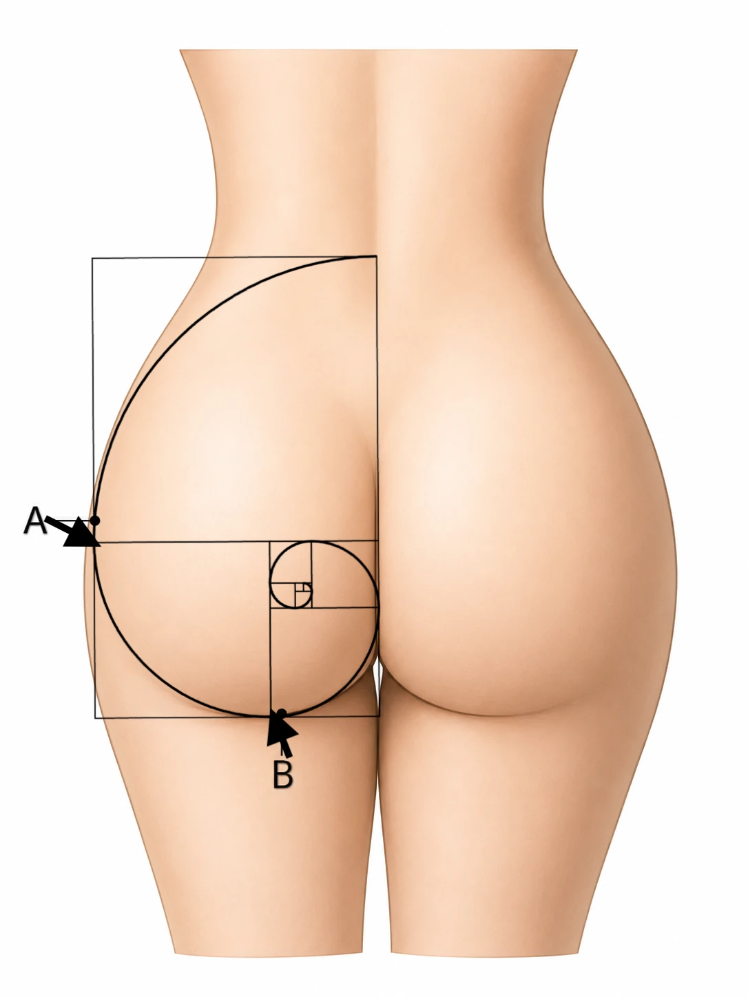 Renderização posterior do contorno glúteo com espiral áurea de Fibonacci sobreposta, indicando os pontos A e B de projeção
