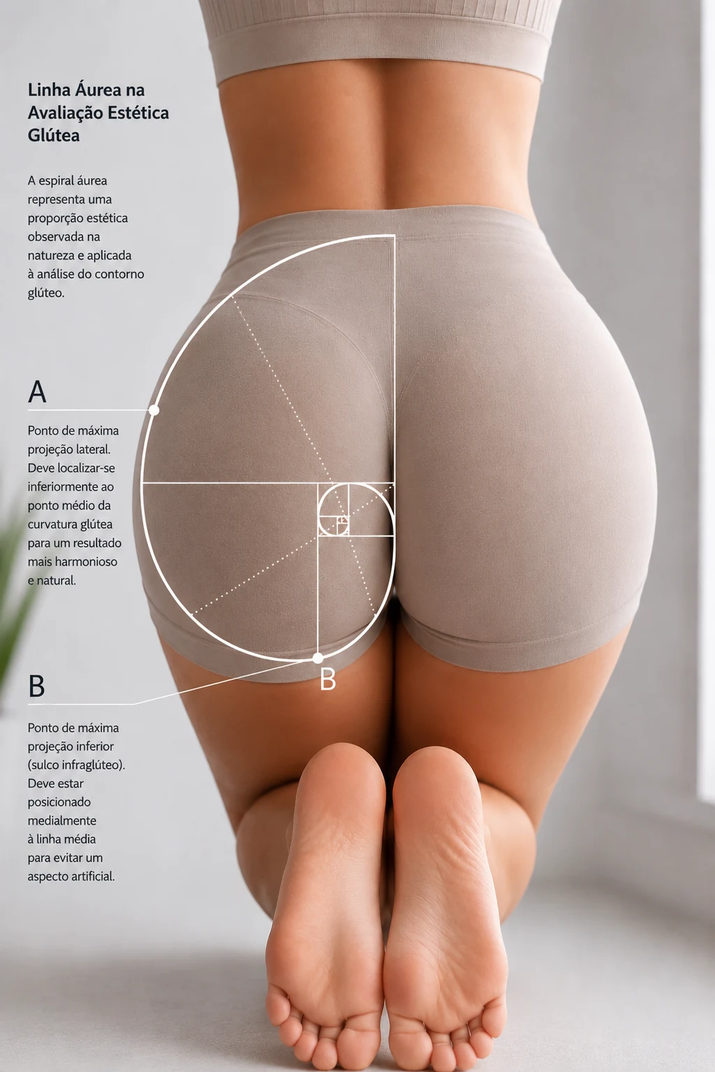 Imagem editorial de avaliação estética glútea com espiral áurea de Fibonacci sobreposta e marcações dos pontos A e B