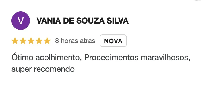Avaliação de cliente no Google sobre procedimentos estéticos em Moema